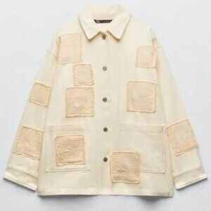 Zara Cotton Overshirt Chore Jacket Embroidered Patches Yellow Size XS